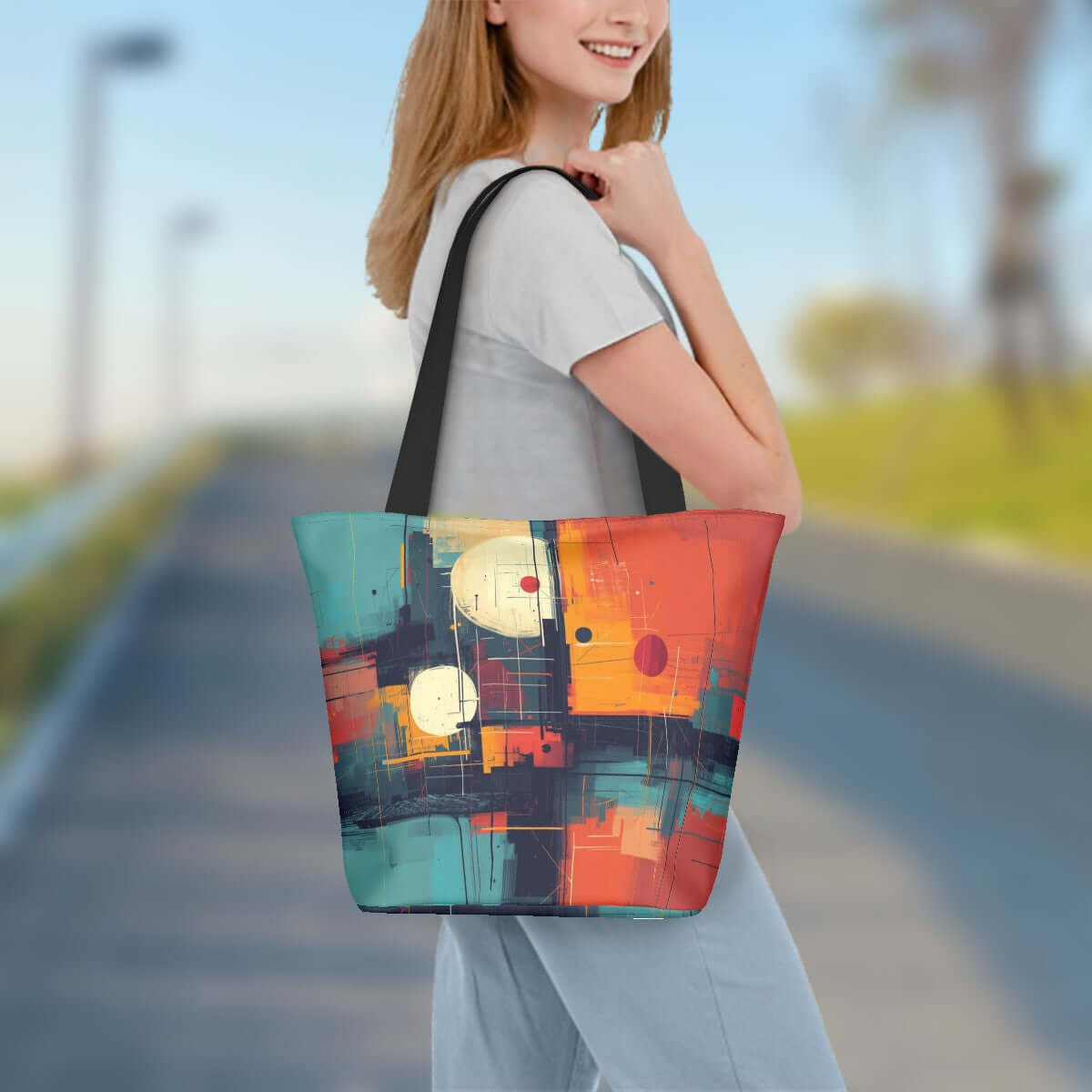 Schultertasche zum Einkaufen für Damen aus Polyester, buntes Design, Größe 11"x7"x13", ideal für den täglichen Gebrauch.