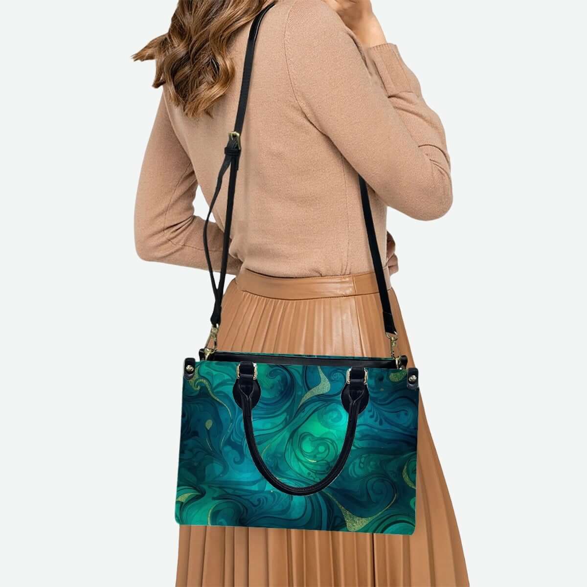 Stylish PU Tote Bag for Women with blue patterned design, worn by a woman in a beige outfit, showcasing a practical yet fashionable accessory.