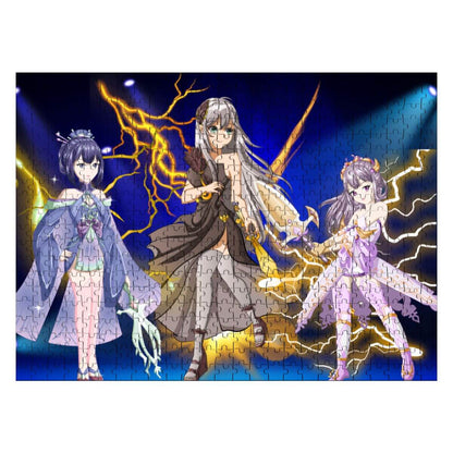 Buntes 500-teiliges Holzpuzzle (horizontal) mit drei Anime-Charakteren, umgeben von Lichteffekten.