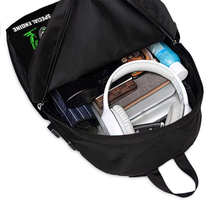 Oxford Reise-Laptop-Rucksack mit USB-Anschluss geöffnet mit Inhalten wie Kopfhörer und Büchern sichtbar