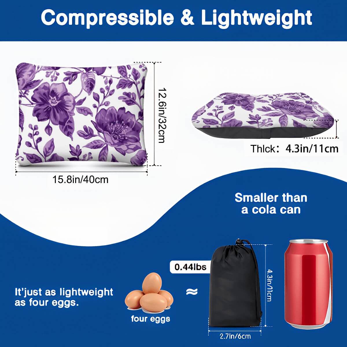 Video Aufblasbares Campingkissen mit Blumendesign, kompakt und leicht, kleiner als eine Coladose, Größe 15,8"x12,6"x4,3"