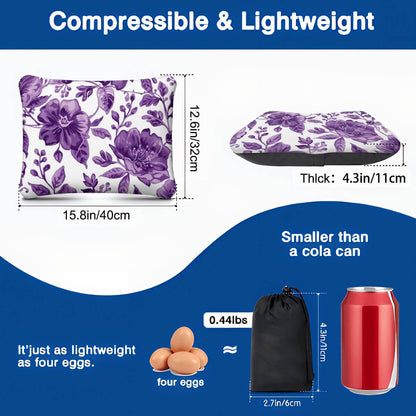 Video Aufblasbares Campingkissen mit Blumendesign, kompakt und leicht, kleiner als eine Coladose, Größe 15,8"x12,6"x4,3"