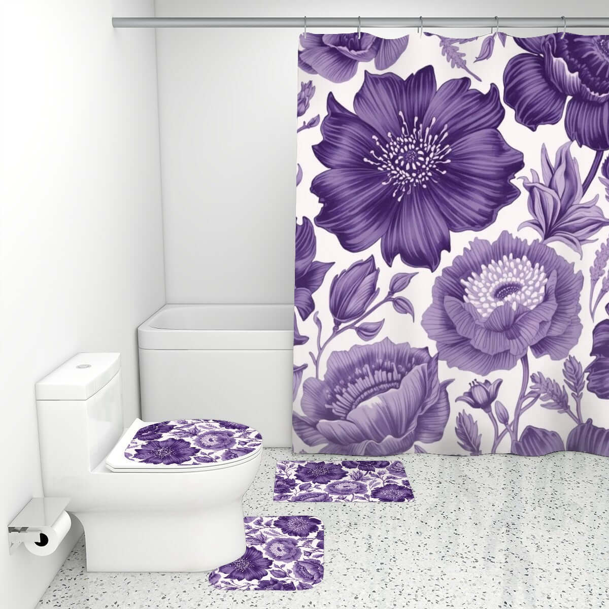 Video Badezimmerteppich-Set mit Duschvorhang, 4-teilig, lila Blumenmuster, Polyester, Badezimmerdekoration, modernes Design.