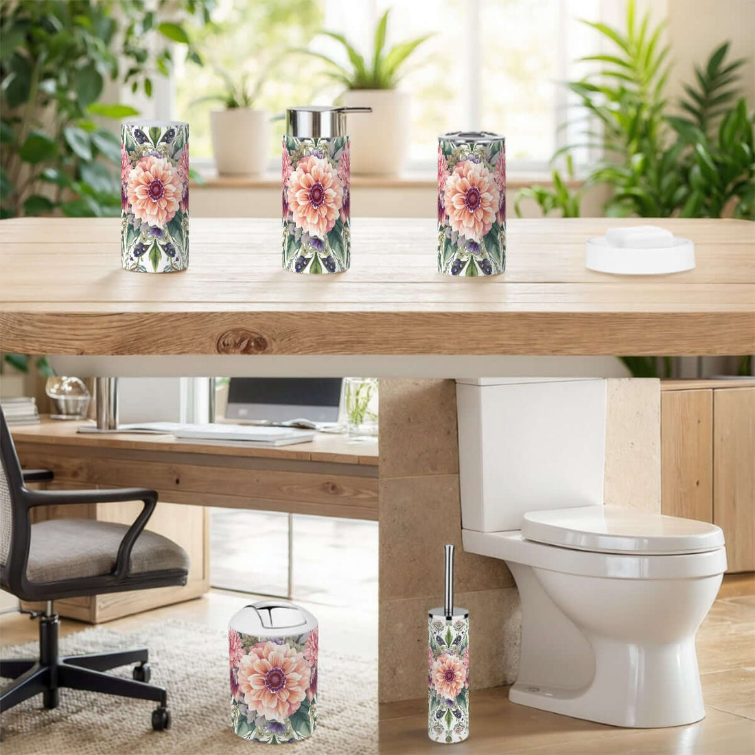 Badezimmer-Accessoires-Set, 5-teilig, aus Plastik, florales Design, wasserdicht, langlebig, inkl. Zahnbürstenhalter, für moderne Badezimmer.