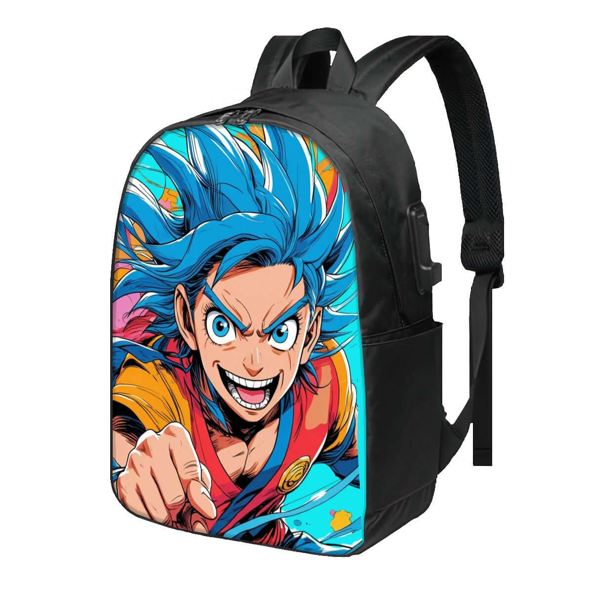 Black backpack with vibrant anime design featuring a character with blue hair and intense expression, colorful graphic pattern.