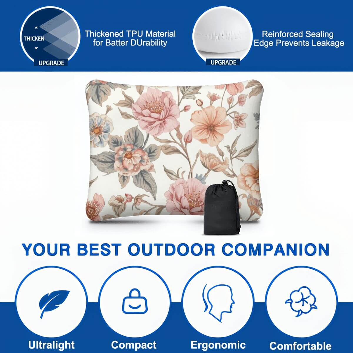 Aufblasbares Campingkissen mit Blumendesign, hautfreundlich und atmungsaktiv, ideal für Camping, faltbar und leicht zu transportieren.