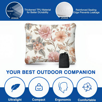 Aufblasbares Campingkissen mit Blumendesign, hautfreundlich und atmungsaktiv, ideal für Camping, faltbar und leicht zu transportieren.