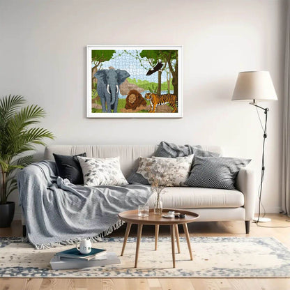 Wohnzimmer mit 500-teiligem Holzpuzzle (horizontal), Elefant, Löwe und Tiger auf dekorativer Wand.