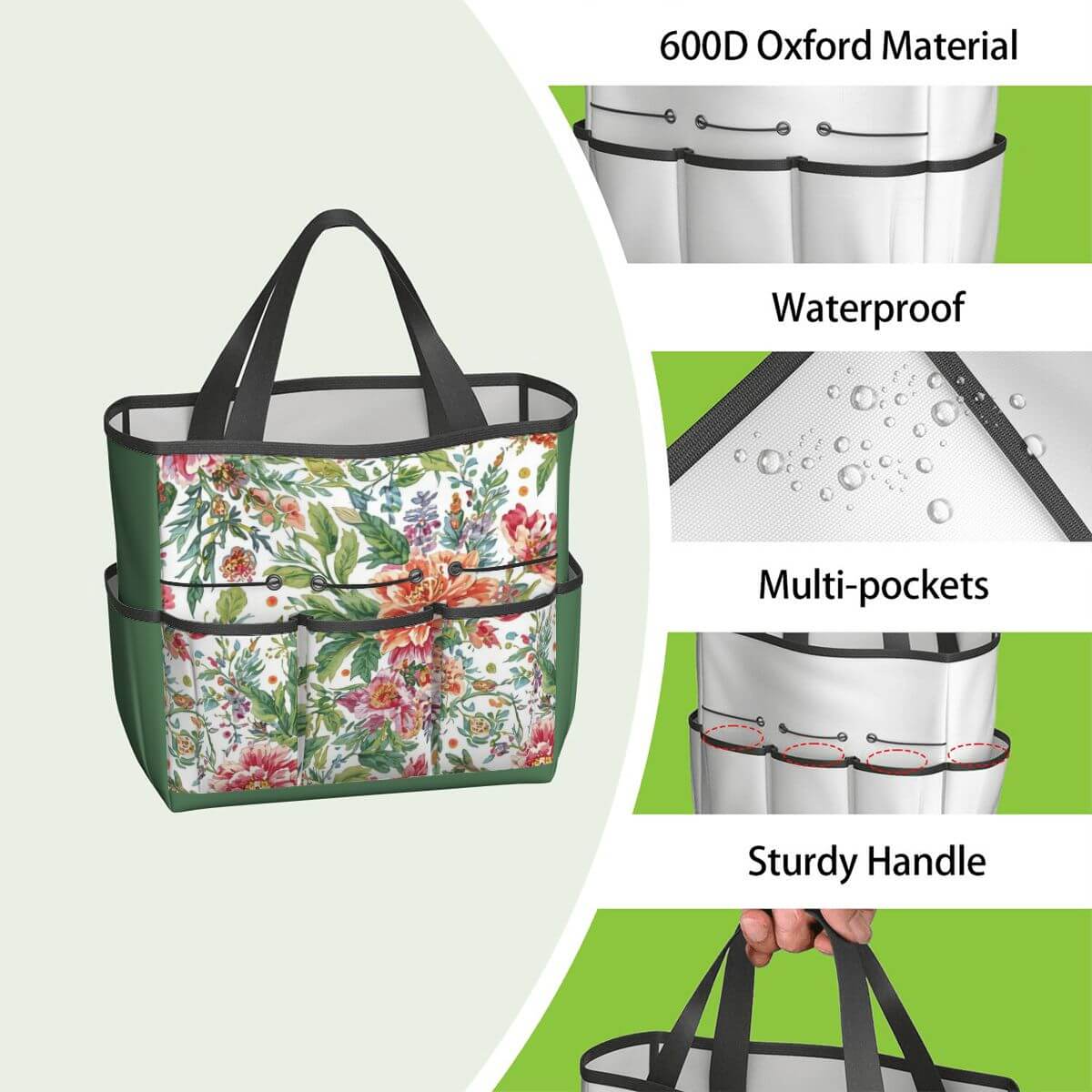 Gartengerätetasche (Werkzeuge nicht enthalten) aus Oxford-Stoff mit Blumenmuster, wasserdicht, robustem Griff und mehreren Taschen.