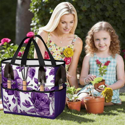 Gartengerätetasche mit Blumendesign aus wasserdichtem Oxford-Stoff, perfekt für die Gartensaison, abgebildet mit Blumendekoration und Zubehör.