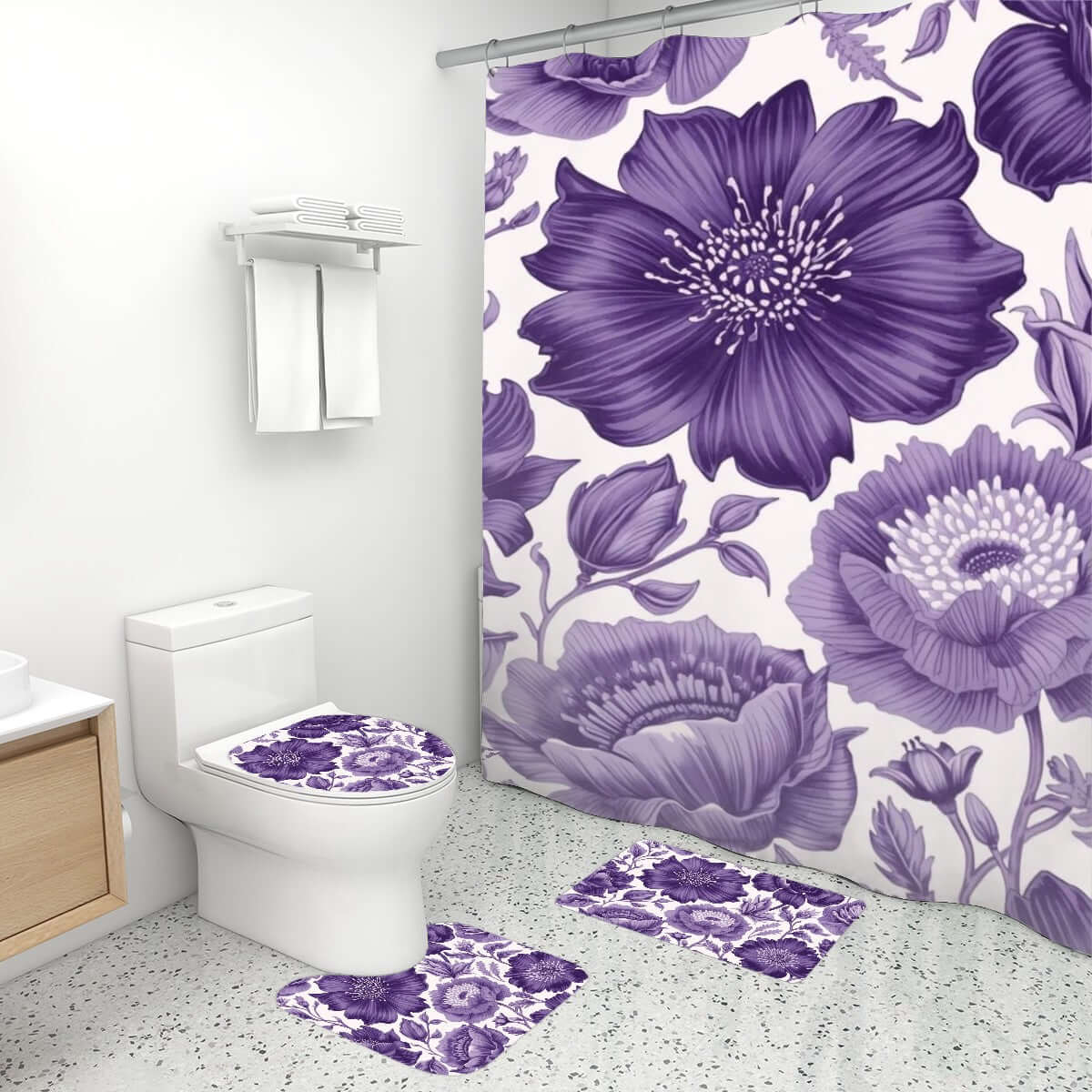 Video Badezimmerteppich-Set mit Duschvorhang in Lila, 4-teiliges Set aus Polyester im Badezimmer, modernes florales Design.