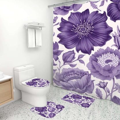 Video Badezimmerteppich-Set mit Duschvorhang in Lila, 4-teiliges Set aus Polyester im Badezimmer, modernes florales Design.