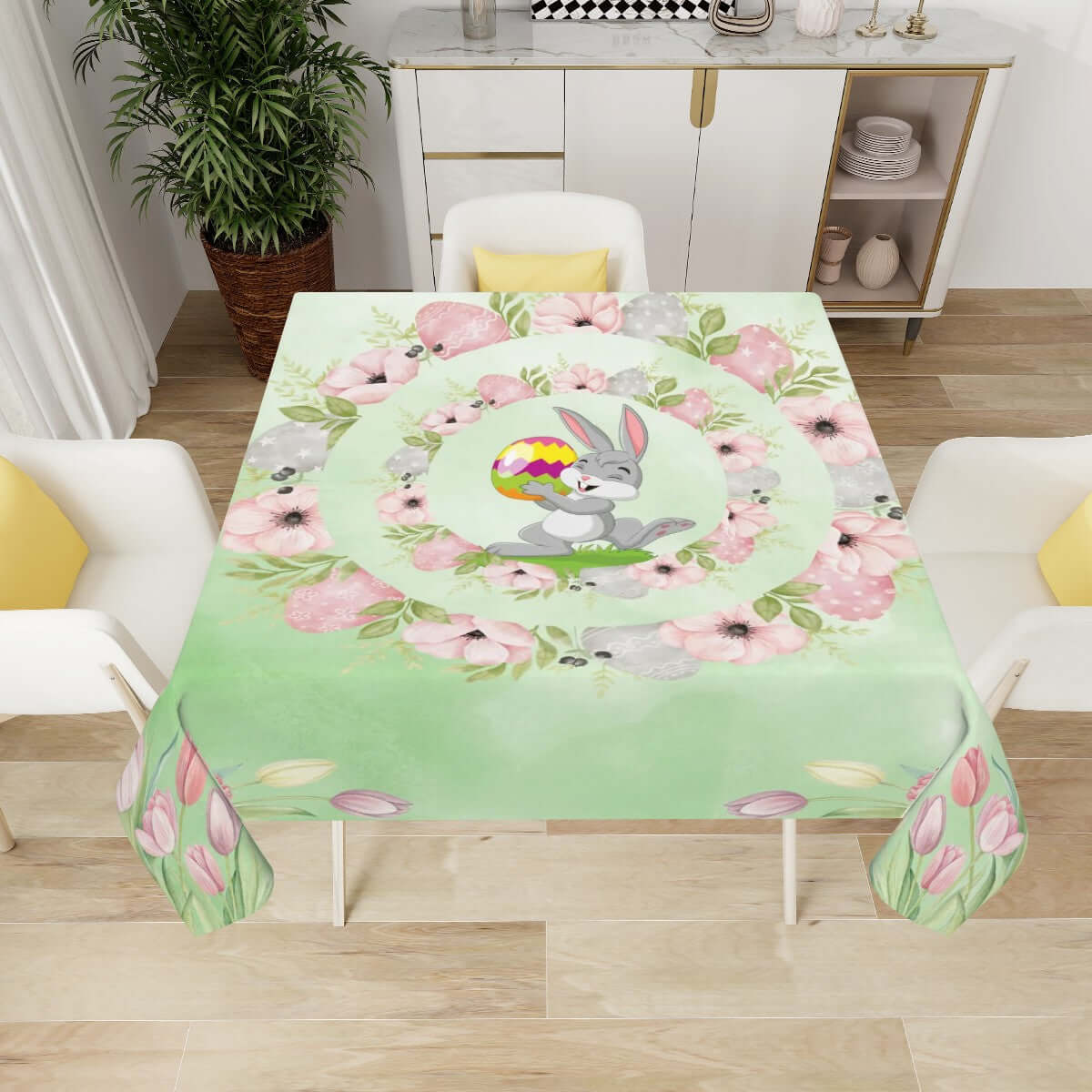 Quadratische Tischdecke Ostermotiv aus Polyester, 54"x54", weicher wasserabweisender Stoff, Osterhase und Blumenmuster. Details ansehen.
