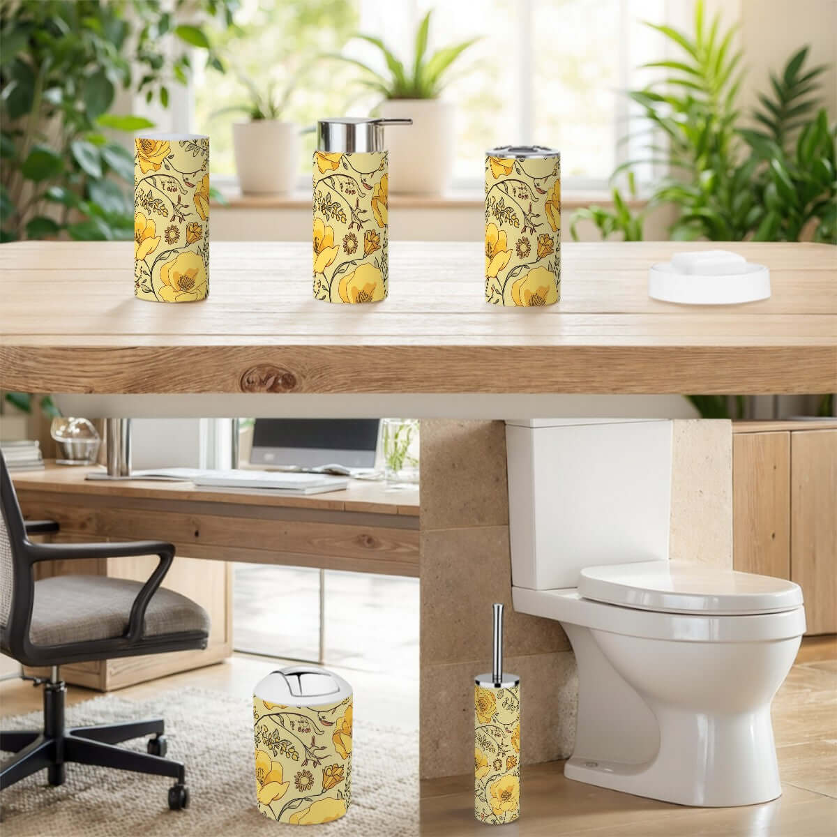 Badezimmer-Accessoires-Set, 5-teilig aus hochwertigem Kunststoff, leicht, wasserdicht, mit floralem Design, inklusive Zahnbürstenhalter.