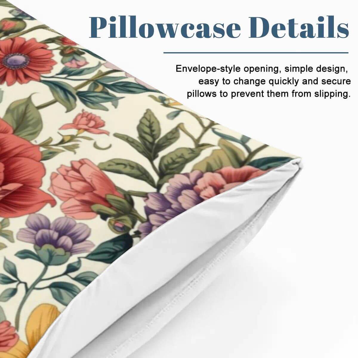 Floral designed pillowcase with envelope-style opening, part of Komplettes Bettwäscheset, showcasing secure fit to prevent slipping.