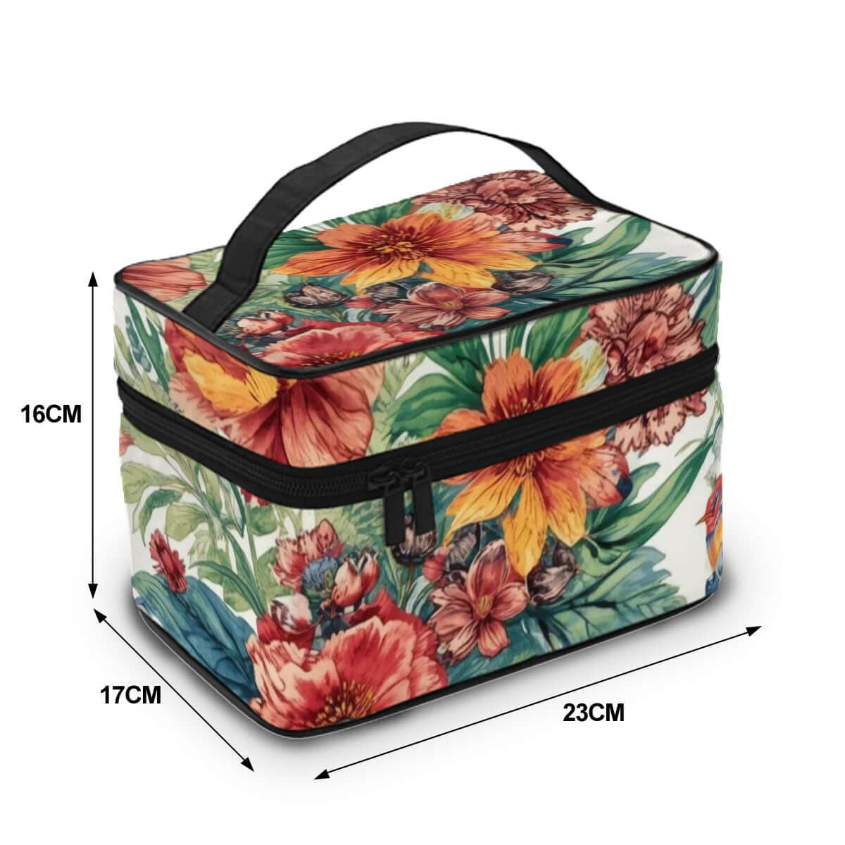 Tragbare Reise-Kosmetiktasche aus Polyester mit floralem Print, Maße: 23x17x16cm, ideal für Reisen, große Kapazität.
