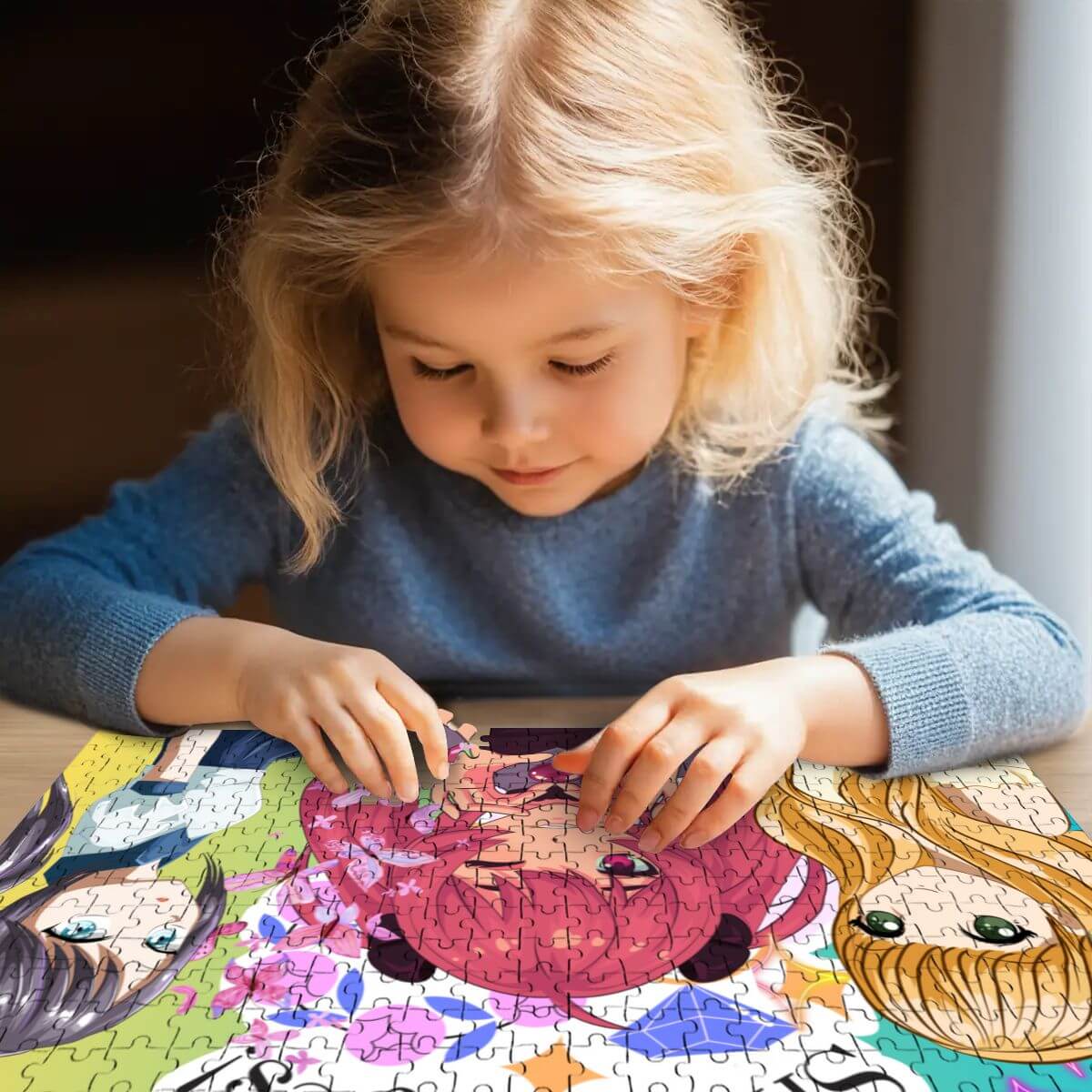 Mädchen mit blonden Haaren, das an einem 500-teiliges Holzpuzzle (horizontal) arbeitet, auf einem Tisch sitzend.