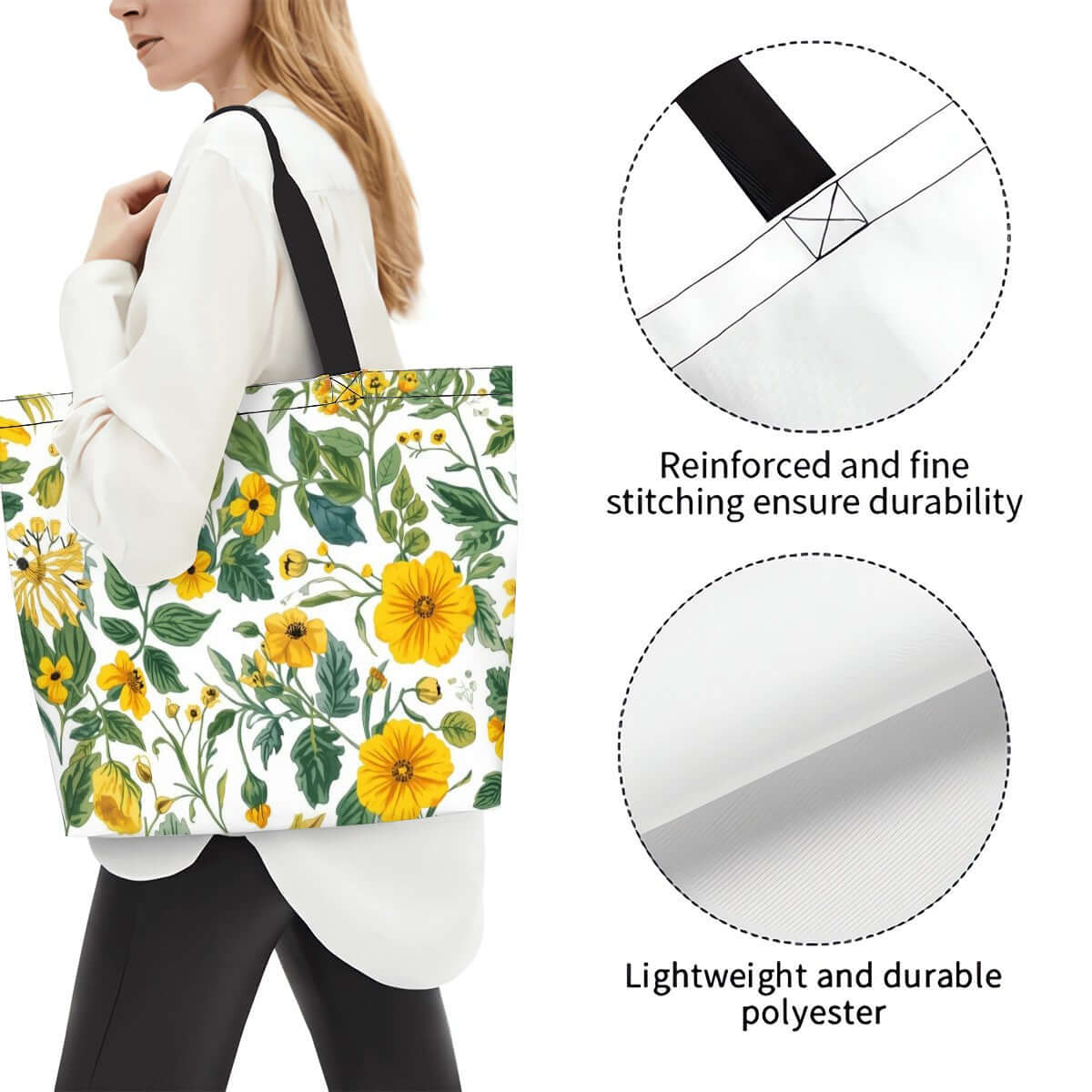 Große Schultertasche für Damen aus Polyester mit Blumendesign, zeigt verstärkte Nähte und robuste, wasserabweisende Eigenschaften.