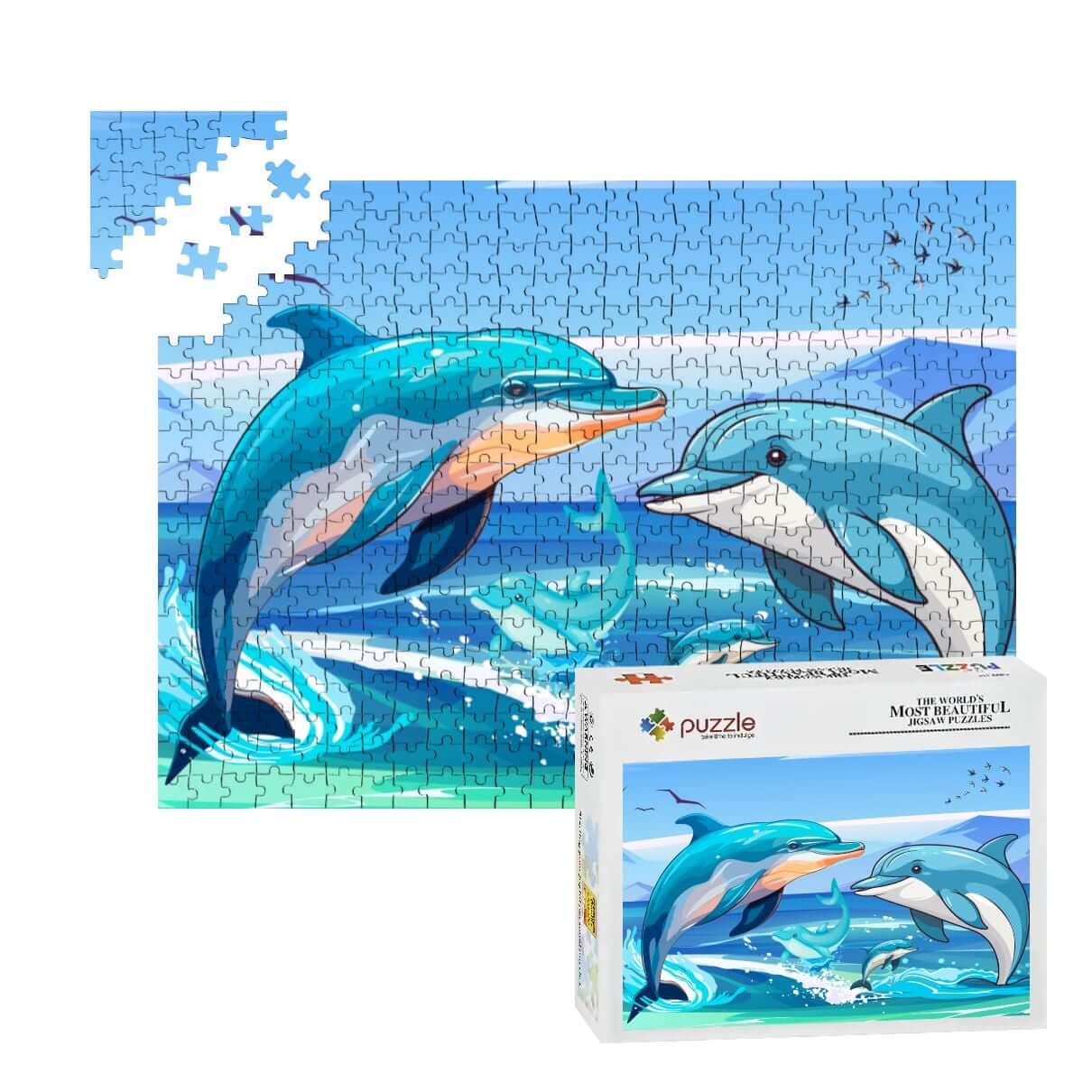 500-teiliges Holzpuzzle (horizontal) mit Delfinen und Wellen im UV-Druck-Design.