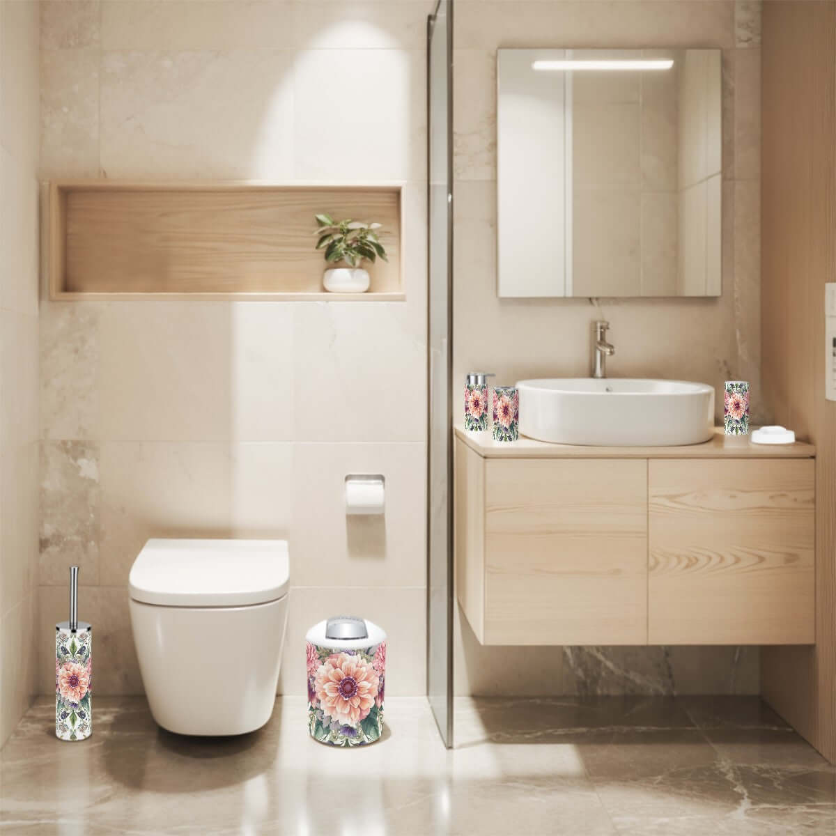 Badezimmer-Accessoires-Set, 5-teilig aus Plastik in modernem Badezimmer mit Waschbecken, spiegel und floralem Design organisiert