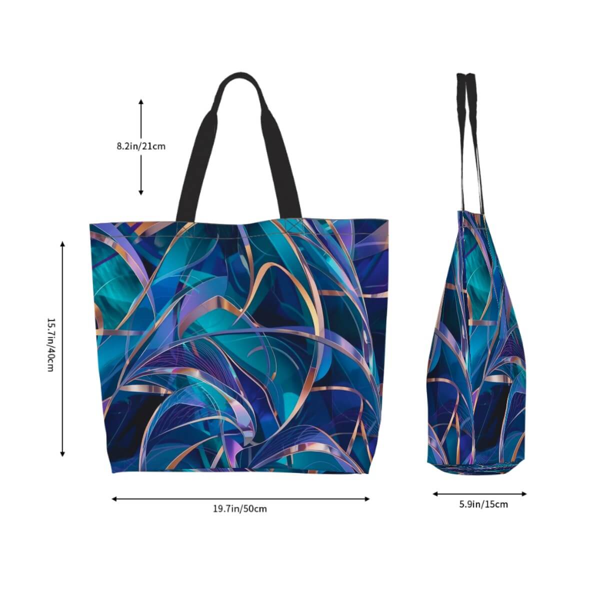 Große Schultertasche für Damen aus 100 % Polyester, Produktgröße 19,7"x15,7"x5,9", abstraktes blaues Design, seitliche und frontale Ansicht