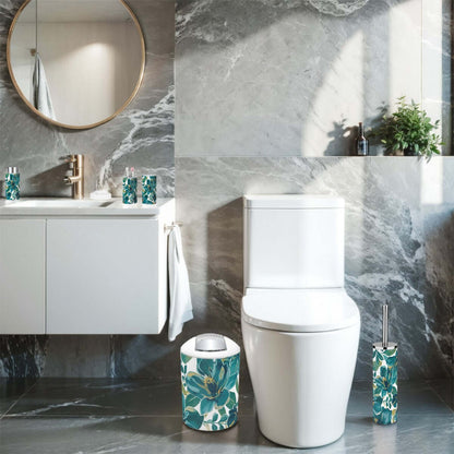 Badezimmer mit 5-teiligem Badezimmer-Accessoires-Set aus Plastik, inklusive Zahnbürstenbecher und Halter, blumiges Design