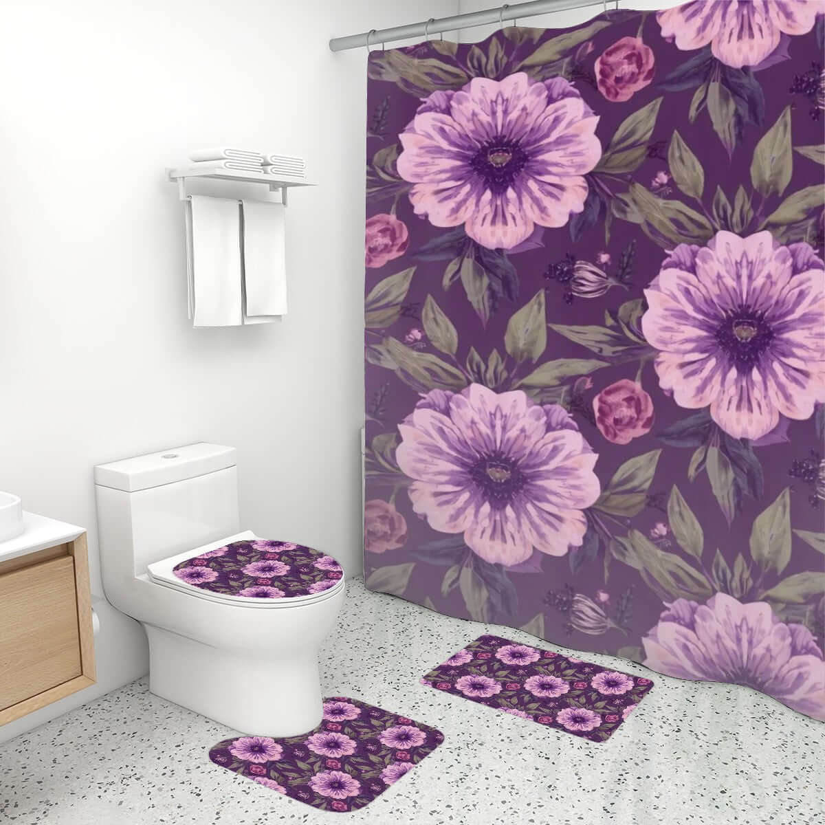 Video Badezimmerteppich-Set mit Duschvorhang, 4-teilig, lila Blumenmuster, aus Polyester, Badezimmerdekor