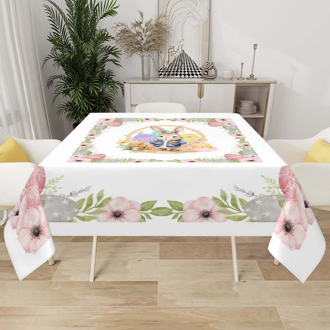 Quadratische Tischdecke Ostermotiv aus Polyester, 54"x54" Größe, einseitig bedruckt, wasserabweisend, floral gestaltet, Tischdekoration. Details für Quadratische Tischdecke Ostermotiv ansehen.