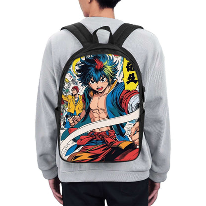 Person wearing backpack with colorful anime character design