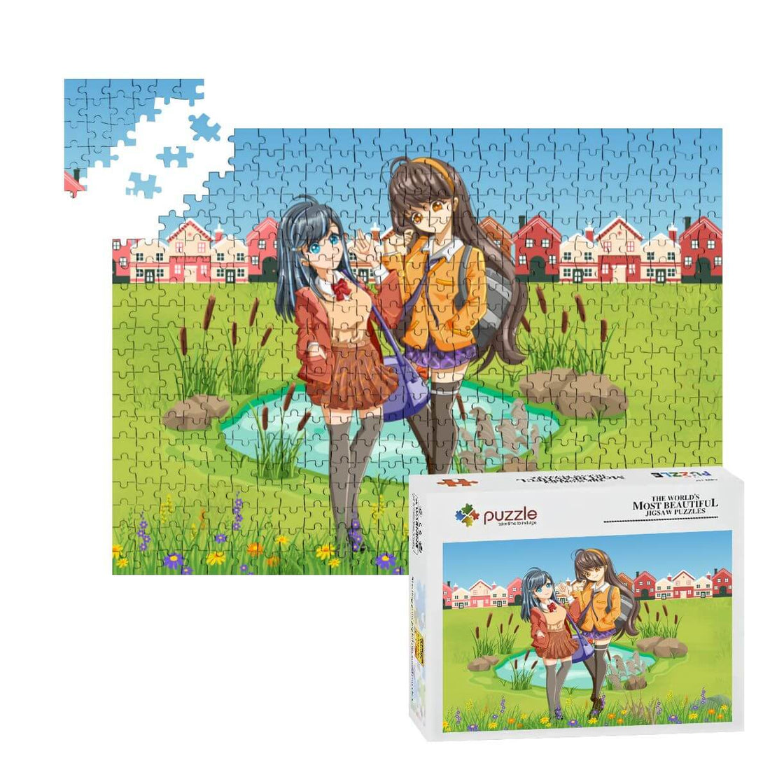 500-teiliges Holzpuzzle (horizontal) mit buntem Design von zwei Mädchen am Teich.