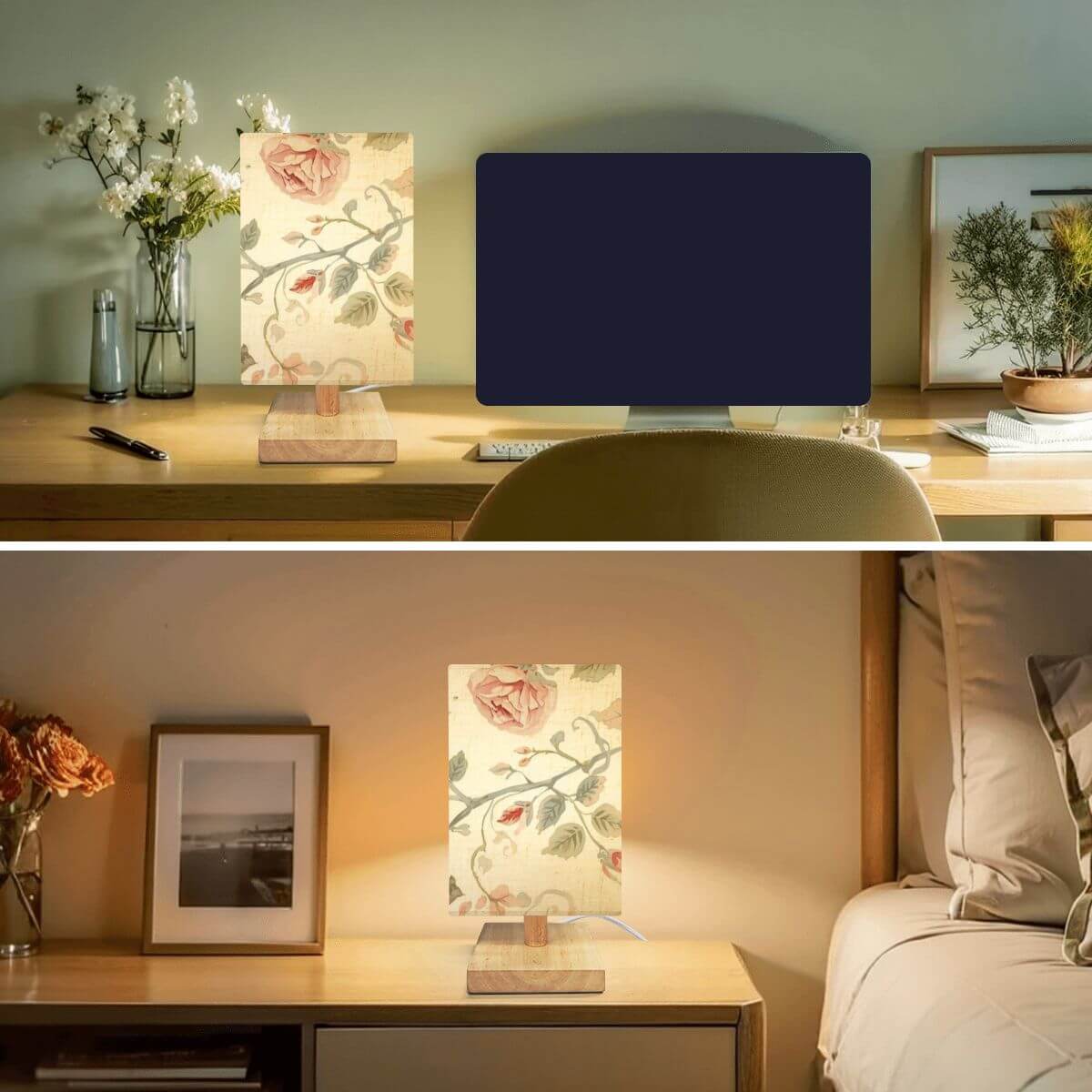 Quadratische Tischlampe aus Leinen und Gummiholz auf einem Schreibtisch und Nachttisch, schafft eine warme Atmosphäre.