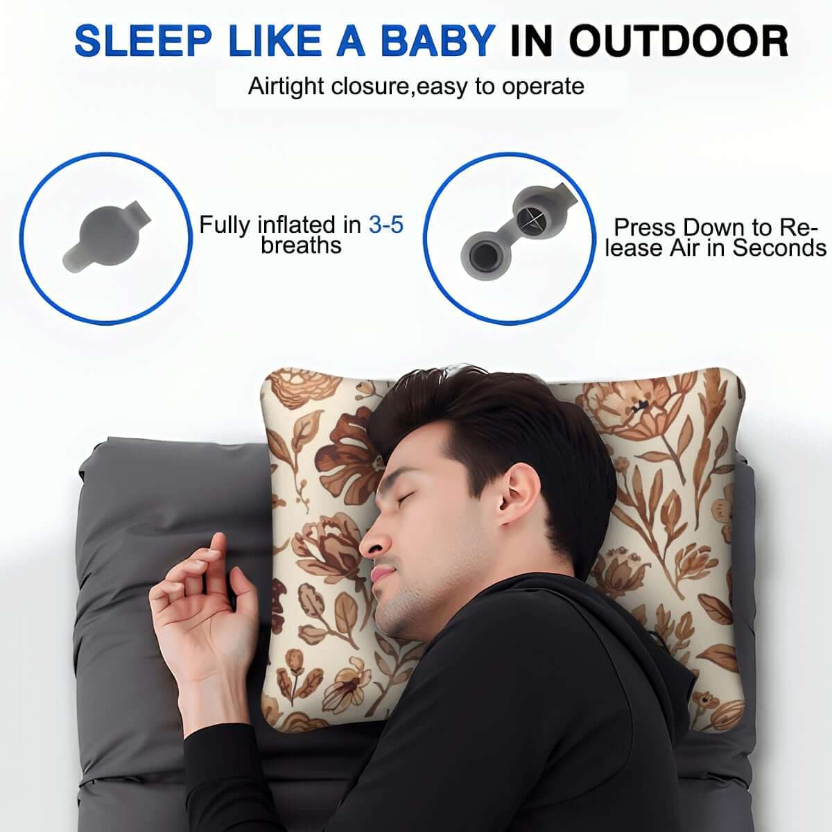 Entspannter Mann schläft auf Video Aufblasbares Campingkissen mit Blumenmuster im Freien. Komfort und Qualität für Camping.