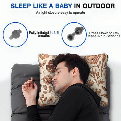 Entspannter Mann schläft auf Video Aufblasbares Campingkissen mit Blumenmuster im Freien. Komfort und Qualität für Camping.