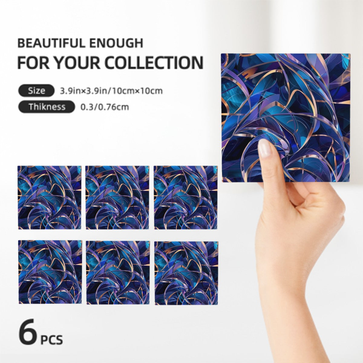 Quadratische Keramikuntersetzer mit blauem Muster, 6 Stück, 4"x4" Größe