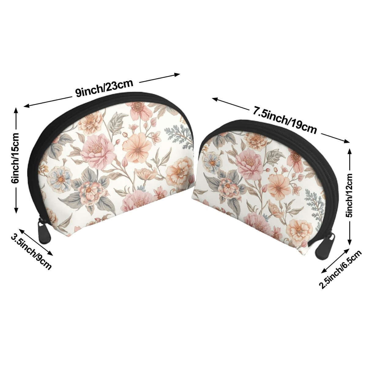 Aufbewahrungsbeutel-Set (2 Stück) aus Polyester mit einseitigem Blumenmuster-Druck, inklusive großer und kleiner Tasche mit Reißverschlüssen.