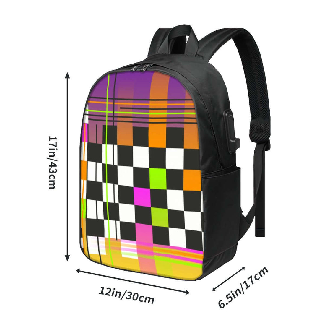 Oxford Reise-Laptop-Rucksack mit USB-Anschluss mit 43cm Höhe und 30cm Breite, ergonomische Gurte, sublimierter Druck, geometrisches Muster.