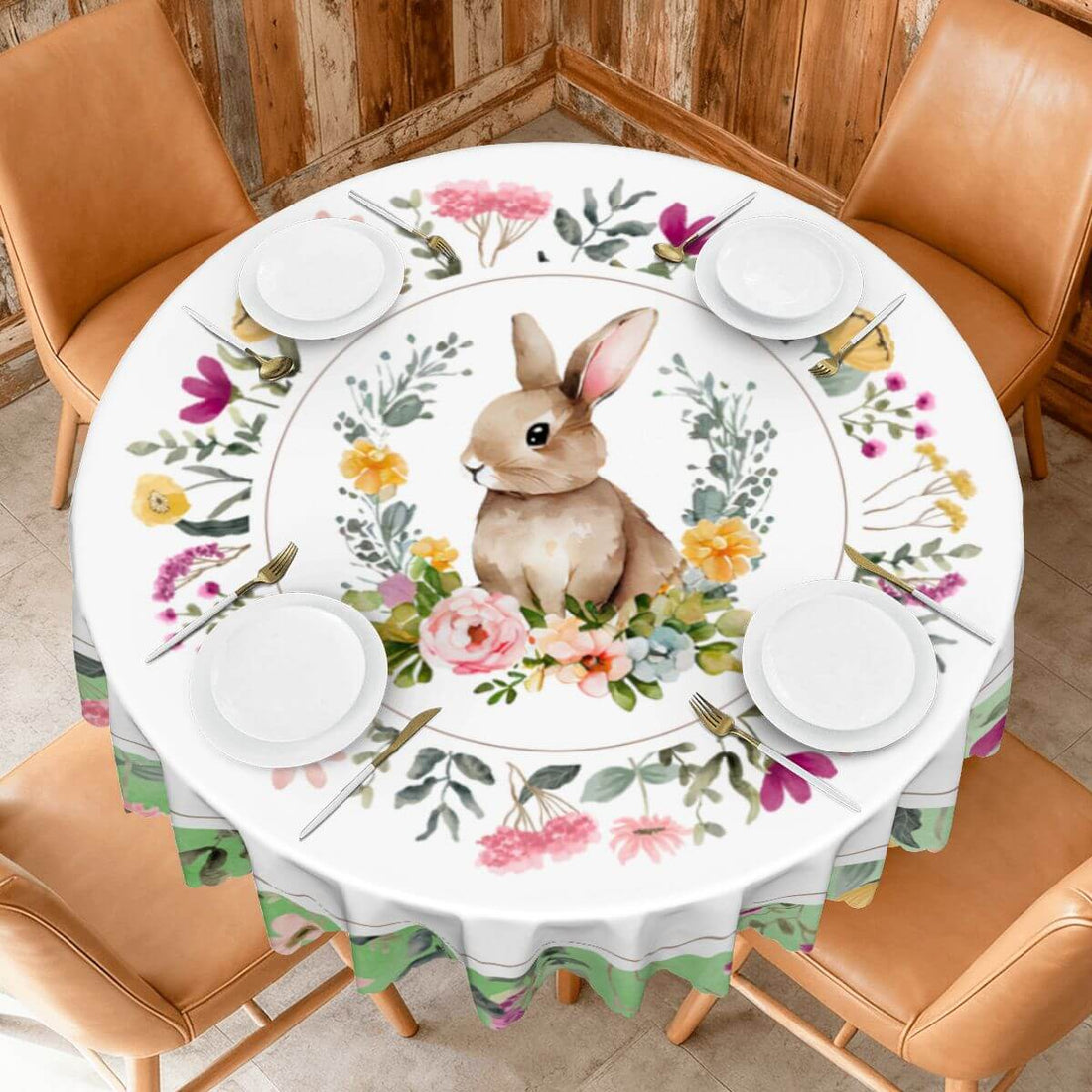 Runde Tischdecke mit gewelltem Rand, 60 Zoll Ostermotiv, Blumen und Hase, wasserdicht und waschbar, Polyester Material, Tischdekoration.