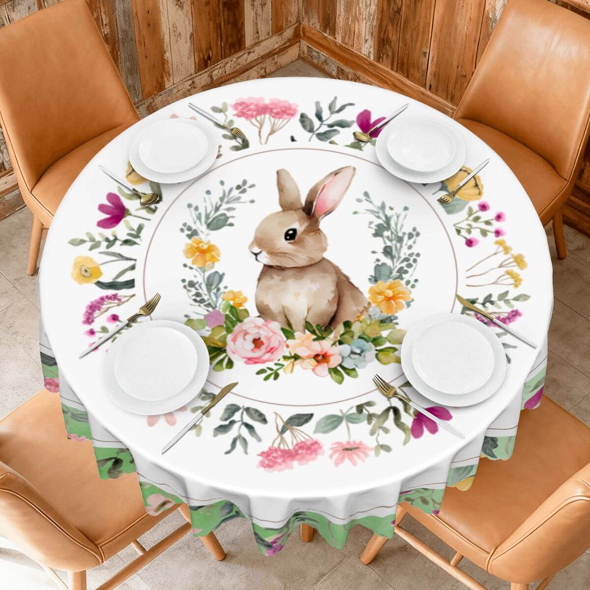Runde Tischdecke mit gewelltem Rand, 60 Zoll Ostermotiv, Blumen und Hase, wasserdicht und waschbar, Polyester Material, Tischdekoration.