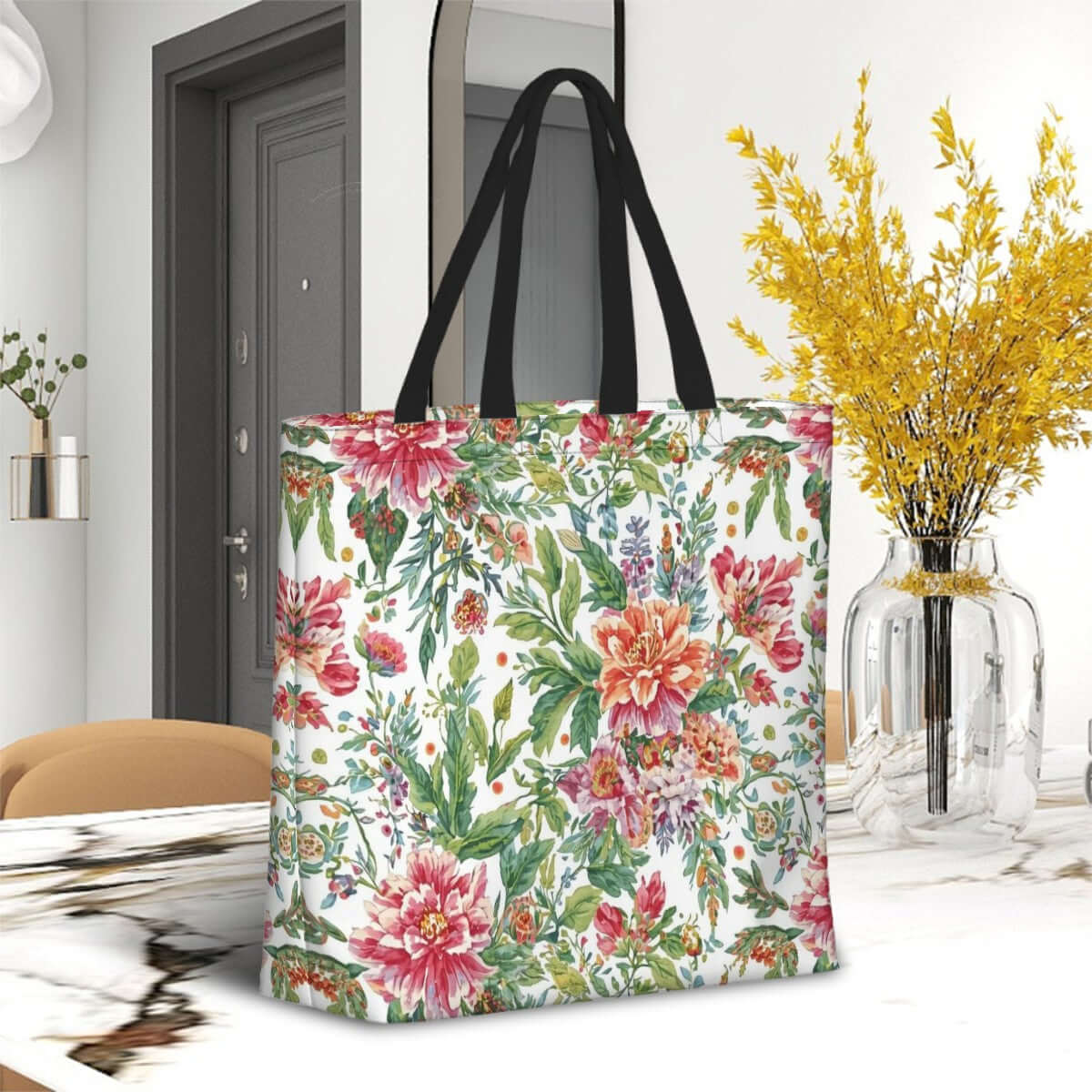 Große Tragetasche mit Umhängetasche aus 100 % Polyester, blumiges Design, 19,6x15,7x5,9 Zoll, einseitiger Sublimationsdruck.