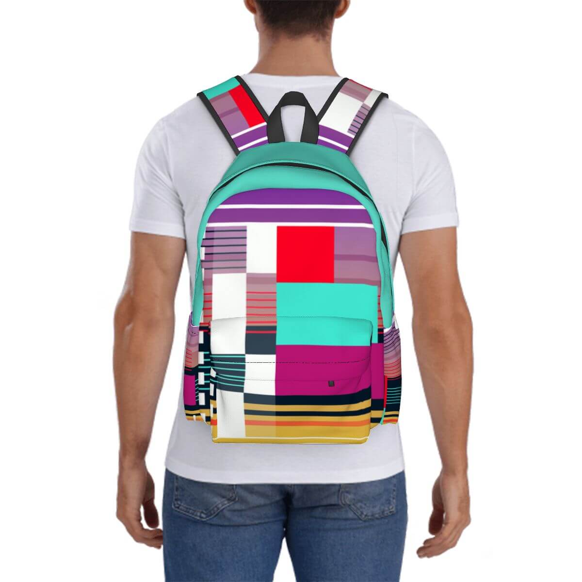 Geräumiger Oxford-Rucksack mit Seitentaschen, einseitiger Druck in bunten Mustern, ideal für Schule und Reisen.