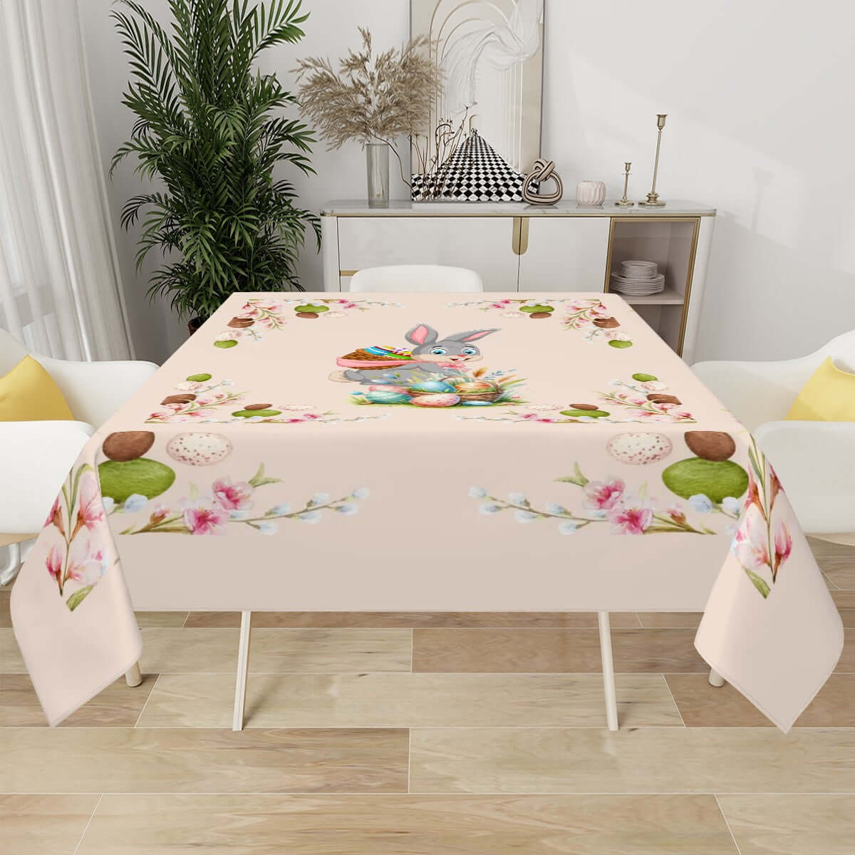 Quadratische Tischdecke Ostermotiv aus Polyester, 54x54, mit einseitigem Druck eines Hasen und Ostermotiven, ideal für Tischschutz und Dekoration.