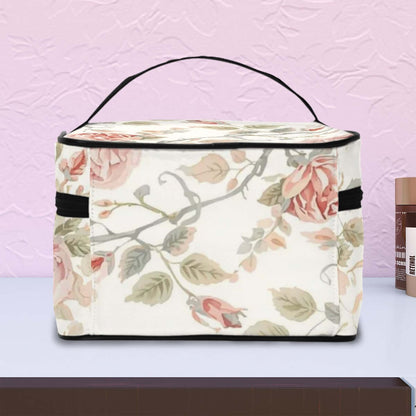 Tragbare Reise-Kosmetiktasche aus Polyester mit Blumenmuster, großes Fassungsvermögen, ideal für unterwegs, elegante Aufbewahrungslösung.