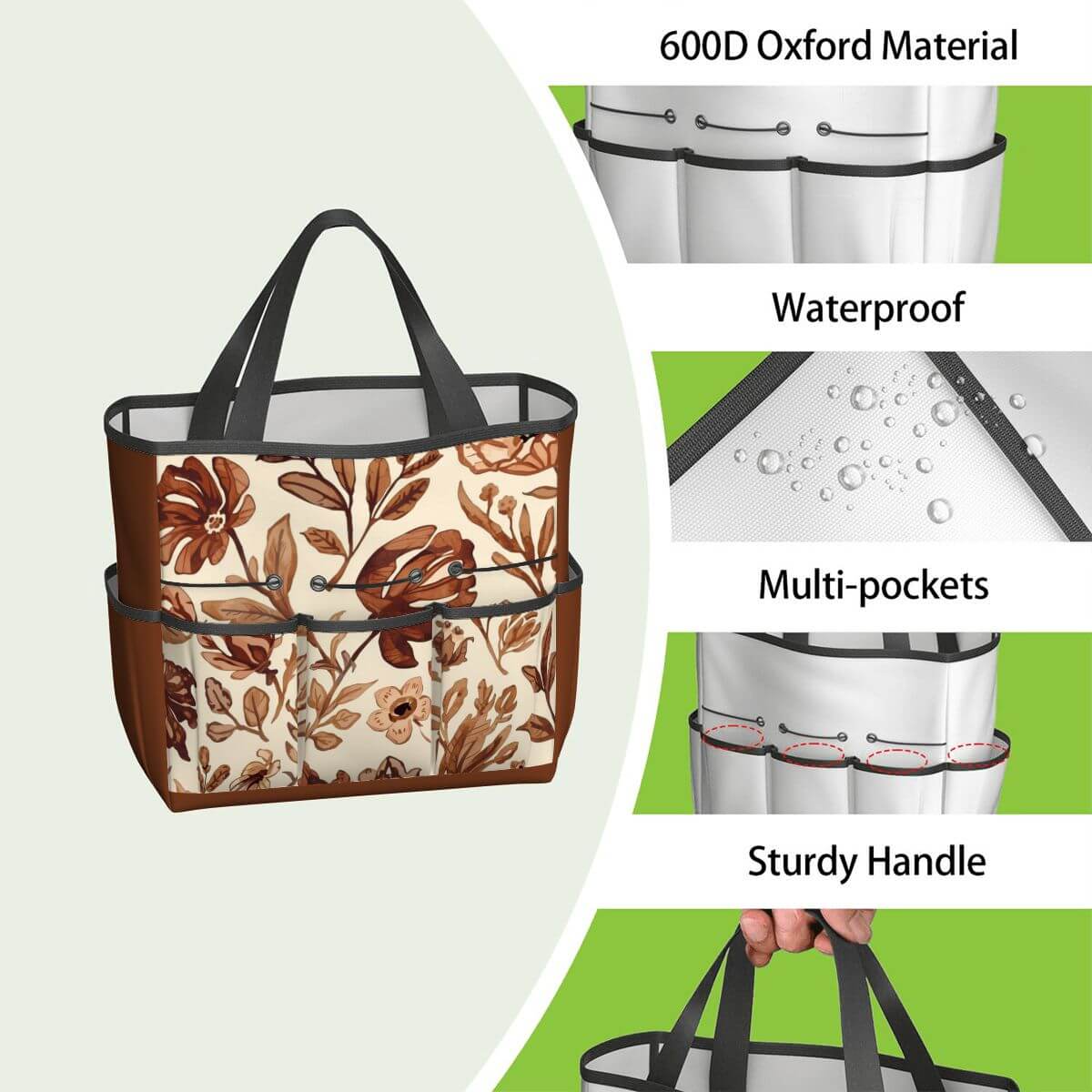 Gartengerätetasche aus 600D Oxford-Stoff mit Blumenmuster, wasserdicht, stabile Griffe und mehrere Taschen für effiziente Aufbewahrung.
