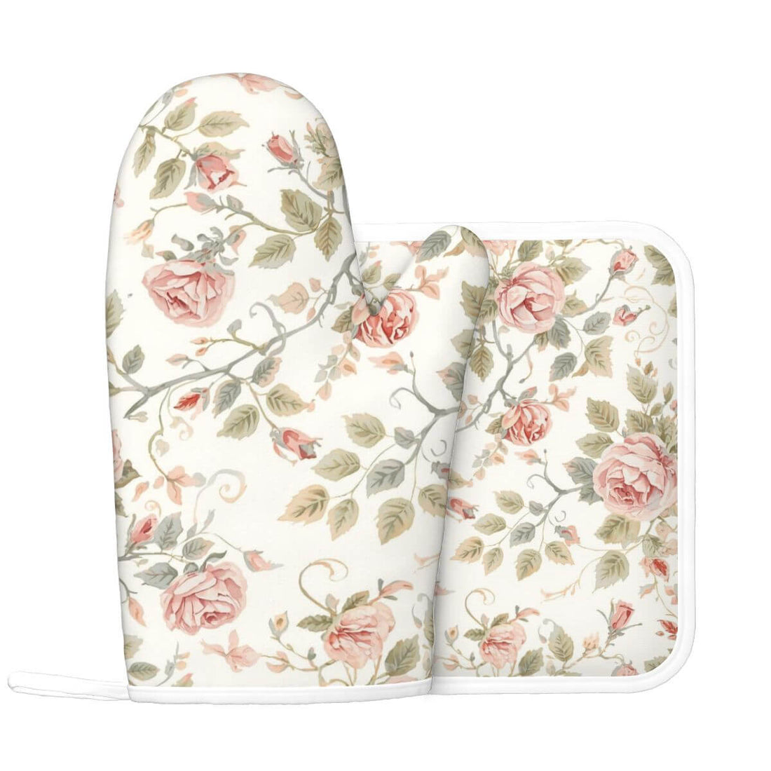 Silikon-Ofenhandschuhe und Topflappen-Sets (links) mit floralem Muster, Polyester und Silikon, 11"x7" Handschuh, 8"x8" Topflappen