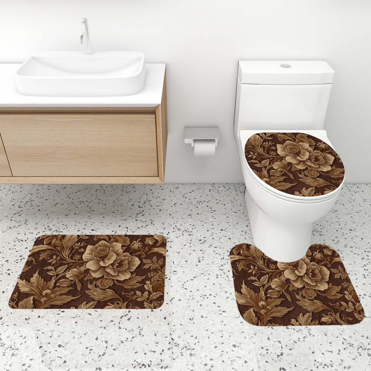 Video Badezimmerteppich-Set mit Duschvorhang, 4-teilig, floral, Polyester, Toilettensitzabdeckung und Teppich, braun