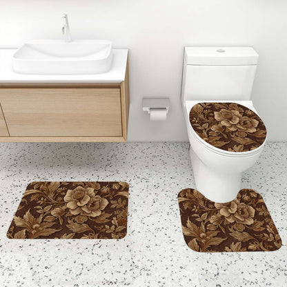 Video Badezimmerteppich-Set mit Duschvorhang, 4-teilig, floral, Polyester, Toilettensitzabdeckung und Teppich, braun