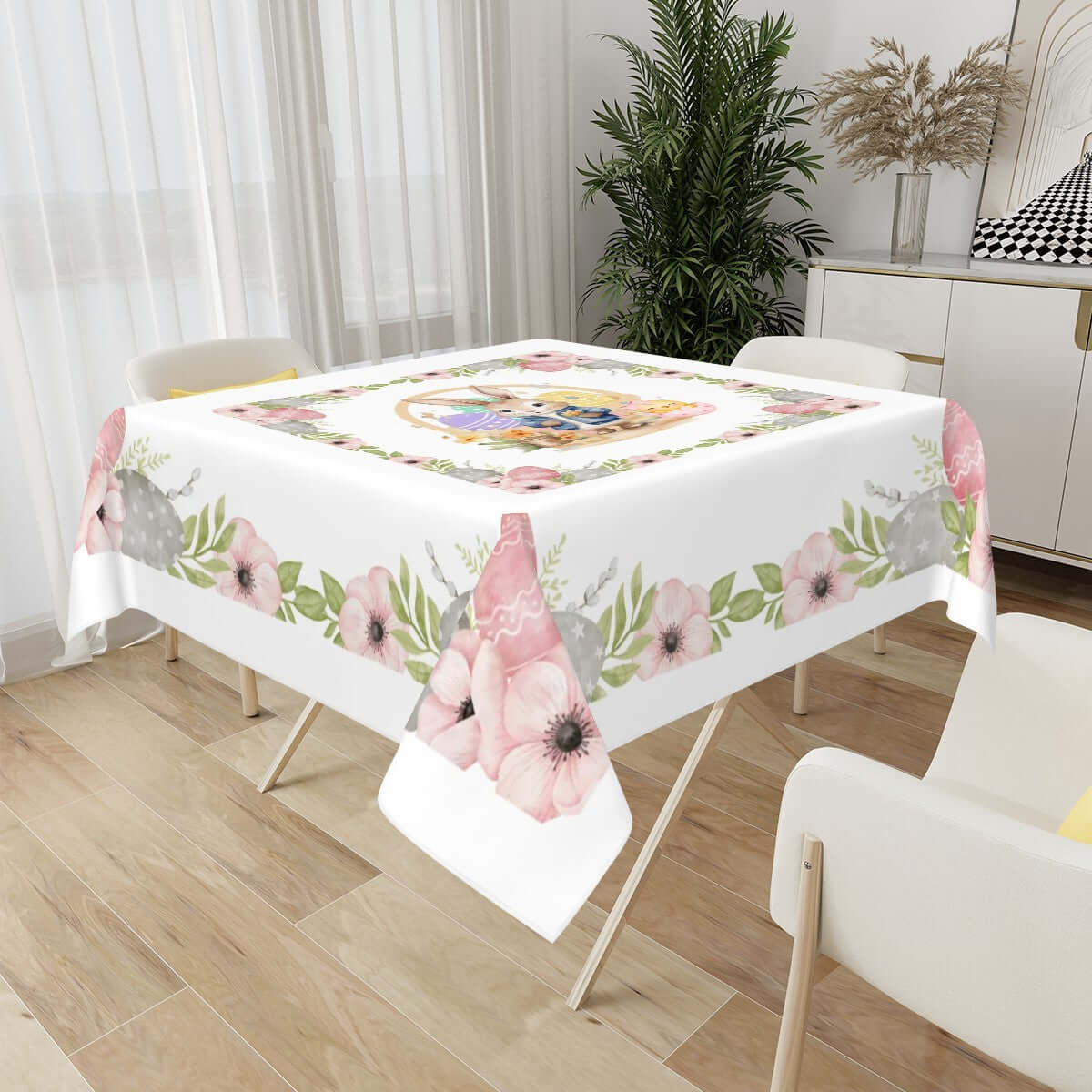 Quadratische Tischdecke Ostermotiv aus Polyester, 54"x54" oder 60"x60", mit einseitigem Sublimationsdruck und Blumenmuster.