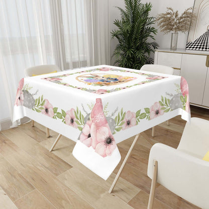 Quadratische Tischdecke Ostermotiv aus Polyester, 54"x54" oder 60"x60", mit einseitigem Sublimationsdruck und Blumenmuster.