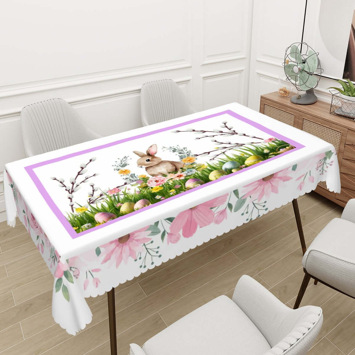 Rechteckige Tischdecke mit Wellenrand Ostermotiv auf Esstisch, 100% Polyester, sublimierter Druck mit Osterhase und Blumen, 72"x54".