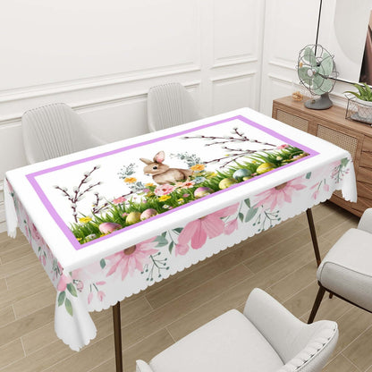 Rechteckige Tischdecke mit Wellenrand Ostermotiv auf Esstisch, 100% Polyester, sublimierter Druck mit Osterhase und Blumen, 72"x54".